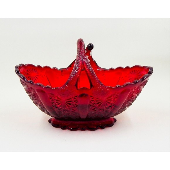 Fenton Glass Ruby Red Daisy and Button Twig Handled Oval Basket Original Sticker - Picture 1 of 11